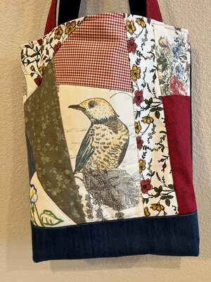 Upcycled Denim and Floral Shoulder Tote with Bird Motif, Large Size - image3
